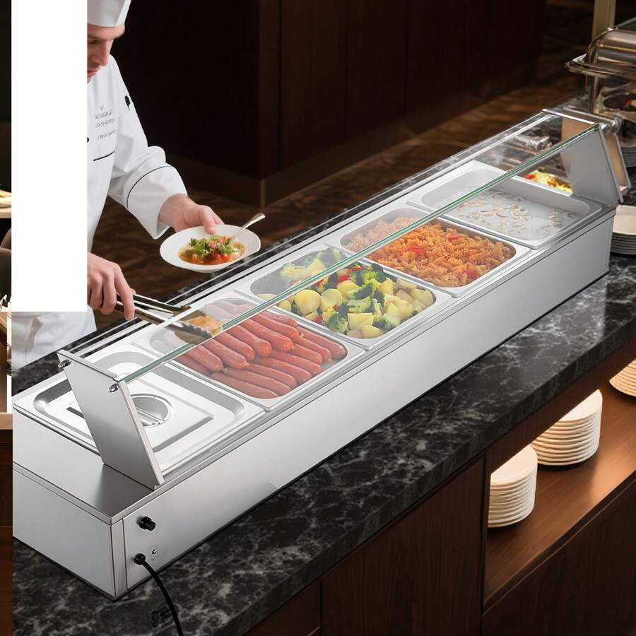 Commercial Food Warmer, 1500W Electric Stainless Steel Steam Food Warmer With Glass Cover, Countertop Buffet Bain Marie With Five 1/2 Size Food Pans, For Catering, Restaurant, Party & Buffets - 5* 1/2-inch basins, 10cm high - 查看 1