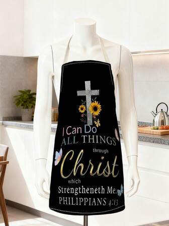 一件印有腓立比书 4:13 经文、花卉十字架和蝴蝶图案的基督教励志围裙 - 无袖涤纶烘焙厨房围裙，适合居家和工作使用，是复活节、斋月、开斋节的理想礼物，设计优雅，经久耐用，是厨房必备品，采用优质材料，也是一份宗教礼物。
