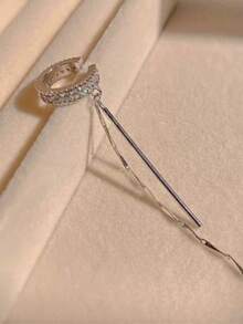 一对长款优雅C形镶嵌水钻流苏女士耳夹耳环 - 銀色 - 查看 3