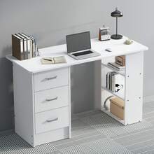 Writing Desk Wood Computer Desk With 3 Drawers,3 Open Storage Shelves For Home Office,Study Room,Dressing Room,Modern Home Office Desk,Office Furniture (White/Black) - 白色 - 查看 12