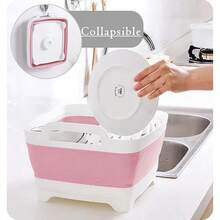 HAWT9L 2.4Gal Dish Basin Collapsible With Drain Plug Carry Handles Space Saveing Kitchen Storage Tray Dish Wash Basin Portable Dish Tub For Camping RV Pink - LightPink - View 4