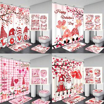 1pc/4pcs Valentine's Day "Gnome/Elf, Heart, Balloon" Shower Curtain Set - Heart Tree Truck Theme Shower Curtain, Vintage Truck, Cute Gnome Pattern Valentine's Decor, Elegant Housewarming Shower Curtain Gift, Modern Home Bathroom Decor Curtain With 12 Hooks, Non-Slip Bath Mat, Toilet U-Shaped Mat, Toilet Lid Cover, Bathroom Set, Spring Decor