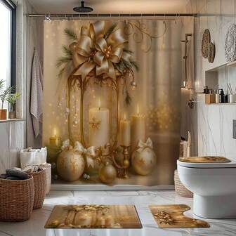 1/4 piezas Juego de baño con temática de velas doradas navideñas, incluye cortina de ducha, alfombra de baño, tapa de inodoro en forma de U, cortina de ducha impermeable, cortina de puerta/ventana de moda, cortina divisoria de baño moderna, sin necesidad de perforar, de poliéster, lavable a máquina