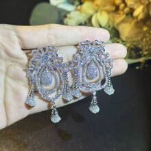 1 Pair Luxury Cubic Zirconia Bow Teardrop Tassel Decorated Earrings, Suitable For Women, Wedding/Formal Occasions - Gold - View 3