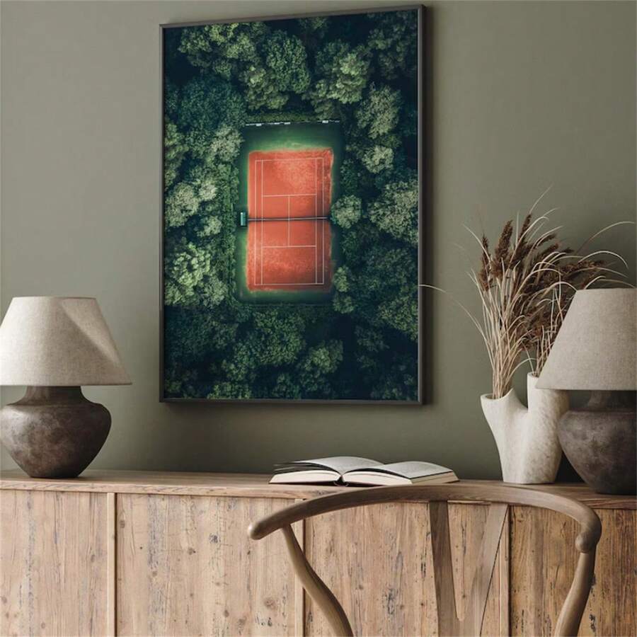 1 张复古网球场海报，鸟瞰图，艺术微喷，墙面装饰，时尚海报，现代简约风格，客厅、卧室、浴室装饰，理想礼物，不含画框 - 彩色 - 查看 1