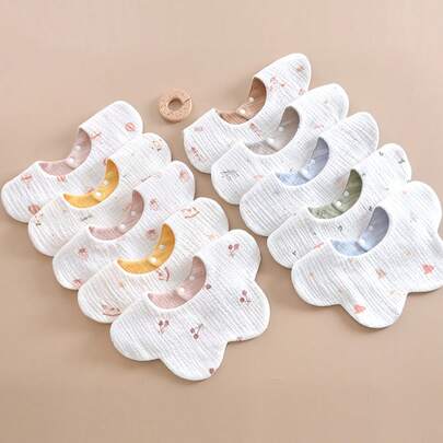 3/5/8/10件套 花卉图案棉纱婴儿围兜，双面柔软口水巾，适合新生儿