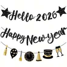 新年快乐横幅 2026 黑色闪光你好 2026 和新年快乐标志除夕横幅新年快乐装饰 2026 除夕派对用品 - 黑金 - 查看 10