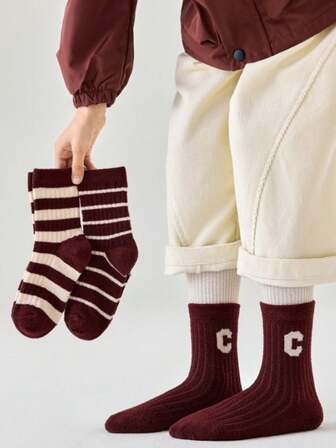 3 Pairs Children's Comfortable Warm Fuzzy Lined Thick Letter & Stripe Socks, Autumn/Winter