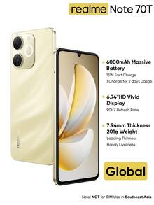 Realme Note 70T 智能手机 4GB+64GB/4GB+128GB/4GB+256GB 全球版 4G LTE，Android 15 系统，无锁手机，6000mAh 大电池，5000 万像素 AI 摄像头，90Hz 屏幕，支持 15W 快充，8 核芯片，不含适配器，不支持东南亚 SIM 卡。