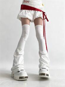 1 Pair Subculture Harajuku Gothic Style Thigh High Leg Warmers, Slimming Black/White Over-The-Knee Leg Warmers With Fashionable Lace-Up, Asymmetrical Ruffle, Flared Hem, Suitable For Y2K, Streetwear, Rockstar, And Unique Personal Style - Multicolor - View 8