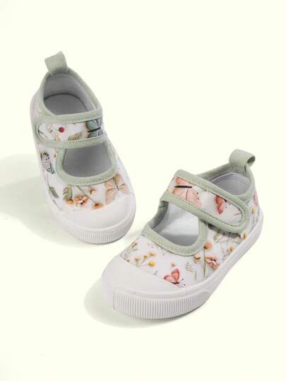 1 Pair Baby Girls' Fashionable Cute Green Butterfly Flat Simple Comfortable Lightweight Low-Top Casual Cloth Shoes, Suitable For Spring And Autumn