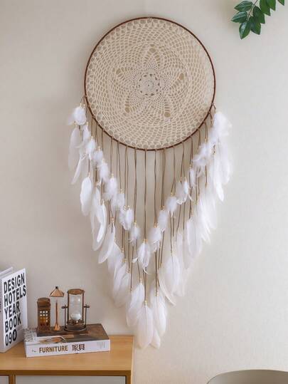 1 st handgjord vit drömfångare väggbonad dekoration för sovrum, vardagsrum, trendig heminredning drömfångare dekoration, för hemmet, bröllop, rumsdekor (fjädrarna är konstgjorda)
