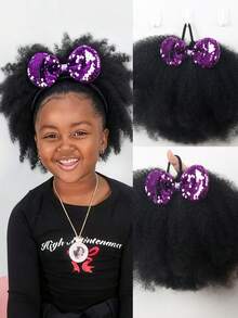 1pc Of African Small Curls Hair With Shiny Bow And Ponytail Wig For Children - Black - View 2