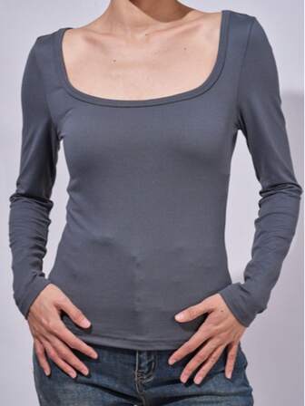 Einfarbiges, schlankes Langarm-Shirt mit Rundhalsausschnitt, graues sexy Lässig-Oberteil, geeignet für tägliche Partys, Frühlings- und Herbstfeste.