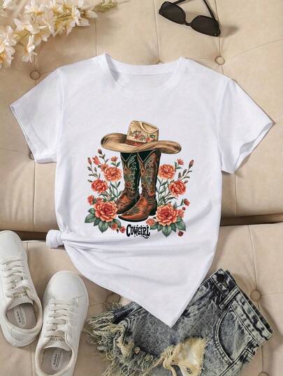 Camiseta de Algodón 100% Beige Claro con Estampado de Denim y Gráfico de Botas Vaqueras & Rosas, Ajuste Holgado Unisex para Mujeres, Tee Transpirable de Verano para Hombres y Mujeres, Patrón Floral, Material Suave, Camisa Casual 100% Algodón