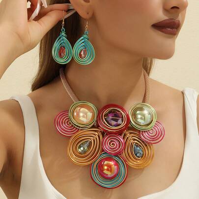 Handmade Exaggerated Multi-Layer Aluminum Wire Woven Bohemian, European, Middle Eastern Style Necklace & Earrings Set With Artificial Crystals, Suitable For Evening Party, Vacation