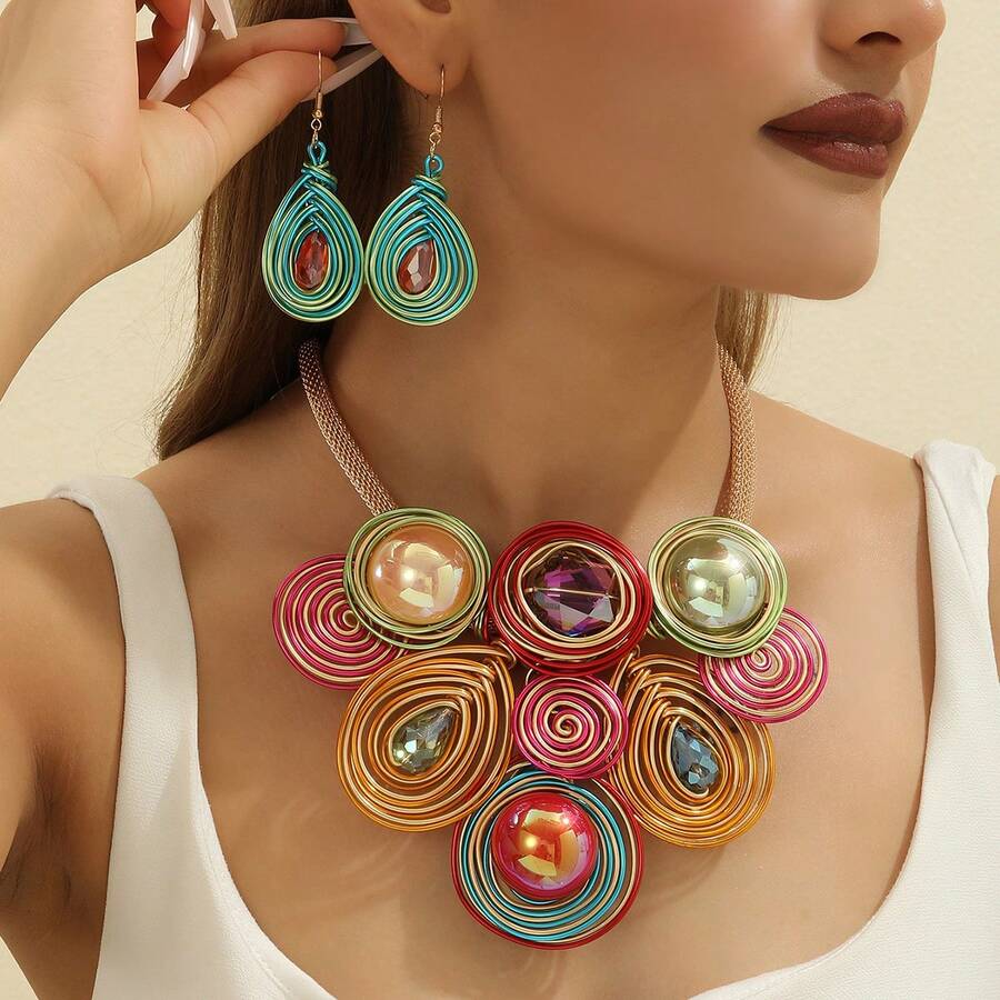 Handmade Exaggerated Multi-Layer Aluminum Wire Woven Bohemian, European, Middle Eastern Style Necklace & Earrings Set With Artificial Crystals, Suitable For Evening Party, Vacation - Multicolor - View 1