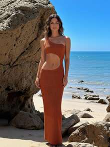 Sexy One Shoulder Crochet Bodycon Long Dress Knitted Wrap Cut Out Summer 2025 Vacation Beachwear Cover Up Slim Dresses - Burnt Orange - View 1