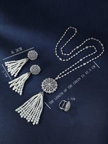 3pcs Platinum Plated Cubic Zirconia Tassel Pearl Sweater Chain Set: Necklace, Earrings, Ring, Luxury Sparkling Jewelry Set For Women, Suitable For Banquet - Platinum Tassel Pearl Long Necklace 3-piece Set - View 3
