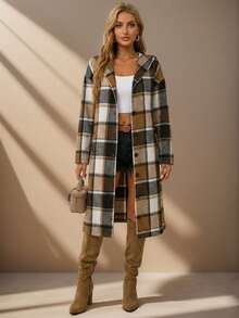 Áo khoác dài kẻ caro có mũ trùm đầu cho nữ, cài nút phía trước, tay dài, vải dệt, viền thường không co giãn, áo khoác ngoài mùa thu/đông - Màu Khaki - Xem 6