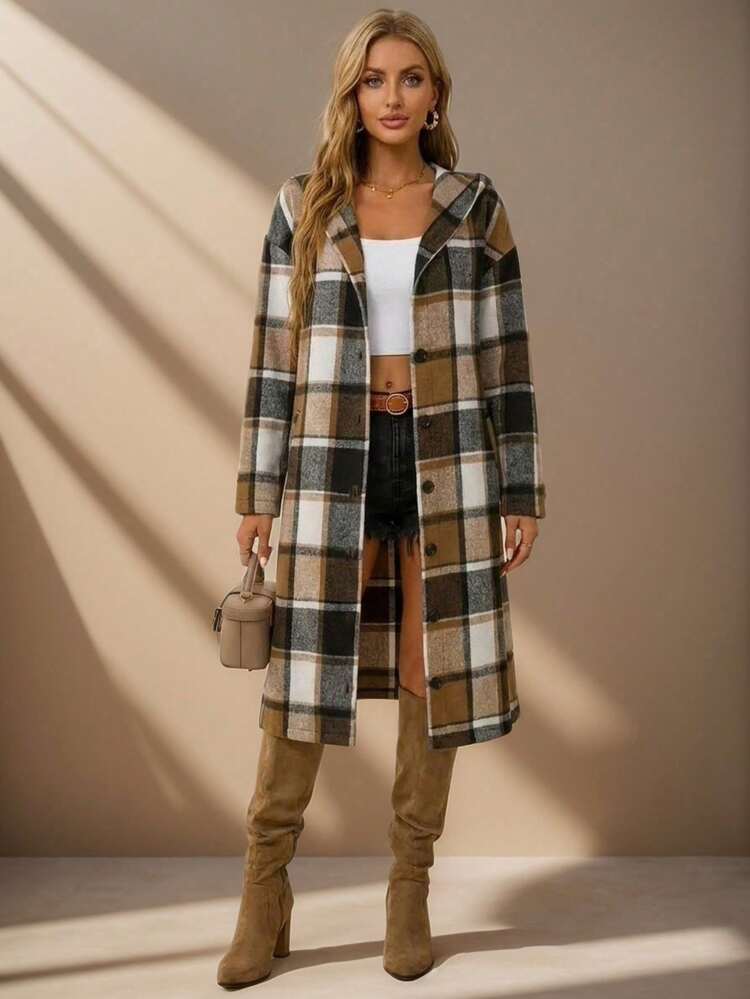 Áo khoác dài kẻ caro có mũ trùm đầu cho nữ, cài nút phía trước, tay dài, vải dệt, viền thường không co giãn, áo khoác ngoài mùa thu/đông - Màu Khaki - Xem 6