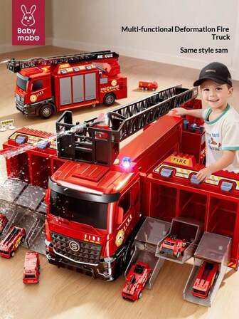 1 pieza Juguete de gran camión de bomberos que puede rociar agua, juguete de vehículo transformable con 6 mini coches de aleación, tren de juguete para niños, regalo de cumpleaños/Navidad para niños de 3 a 6 años