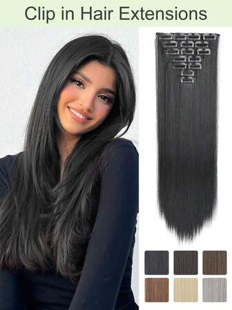 Black Hair Synthetic Fibers Extensions Straight Clip In Hair Extensions 7Pcs Clip Ins Suitable For Woman Daily Wear