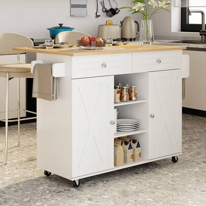 Kitchen Island With Drop Leaf Countertop, 2 Spacious Drawers & 4 Lockable 360° Rolling Wheels - Versatile Storage Solution With Compact Size (42.52"*50.1"*32.52") For Kitchen Organization