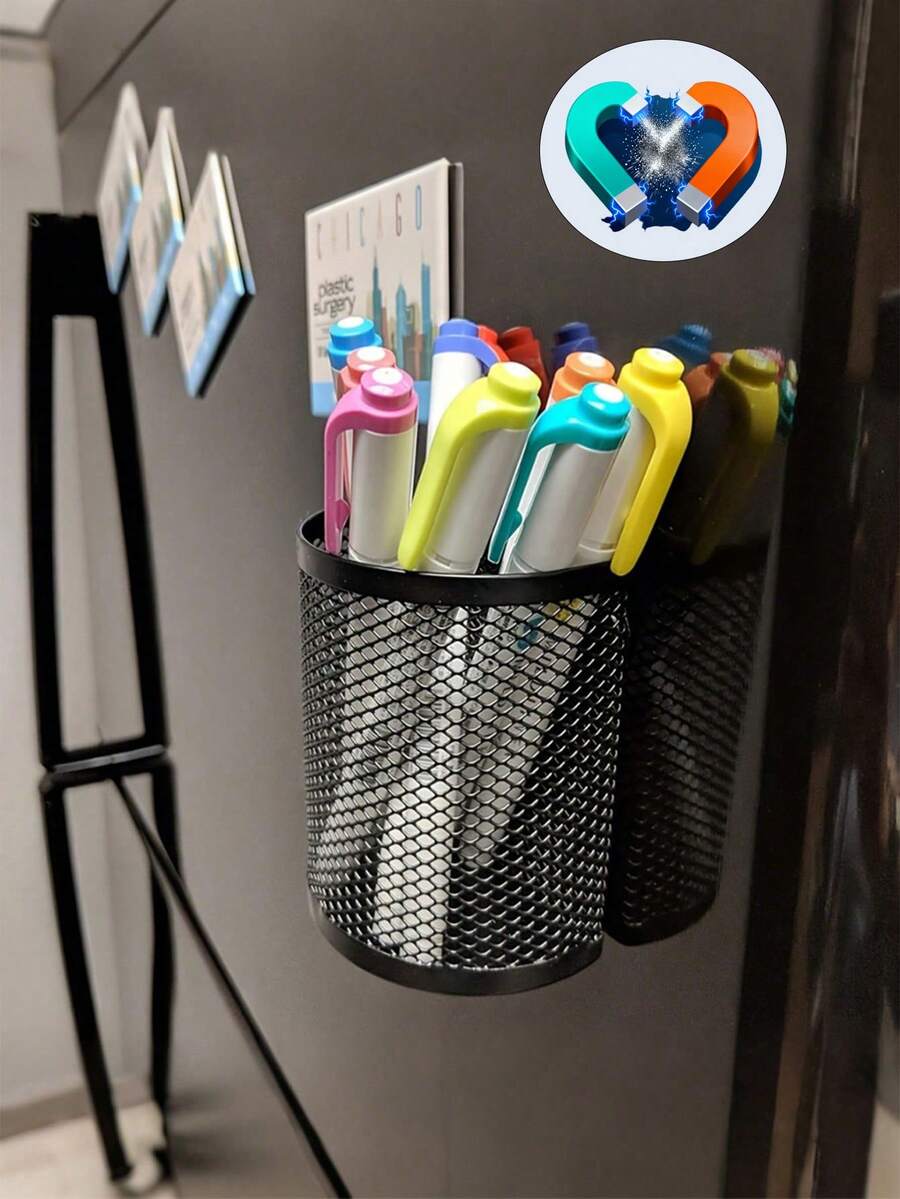 1/2 piezas Organizador de cesta magnética de metal para refrigerador, Soporte magnético de malla para bolígrafos, Organizador de lápices y marcadores de malla para escritorio, Soporte de bolígrafo de malla de hierro metálico, Soporte de bolígrafo semicircular y almacenamiento para el hogar y la oficina para la cocina, el refrigerador, el escritorio - Diseño negro duradero y ahorrador de espacio con bolígrafos de varios colores, suministros de manualidades, amigable para la familia