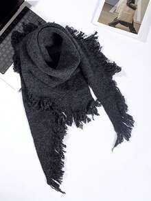 1 pieza Bufanda triangular de mezcla de lana de alta calidad y unicolor minimalista con flecos, chal triangular versátil y de moda para usar en ambientes con aire acondicionado, bufanda triangular decorativa y abrigadora, adecuada para uso diario con vestidos