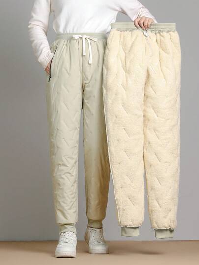 1個 女性用サーマルライニング入り 厚手 ウエスト絞り紐付きスポーツパンツ、冬用カジュアルジョガー