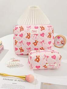 1 Piece Large Capacity Make Up Bag Cute Bow Print Cosmetics Storage Bag Foam Quilted Makeup Clutch Pouch Handheld Travel Toiletry Bag Multi-Functional Items Storage Bag Set Heart-Shaped Pattern Lipstick Pouch Pink Home Items Storage Bag - Pink - View 18