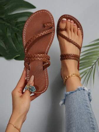 Women's Flat Sandals With Toe Ring, Casual Slip On Sandals With Strap And Anti-Slip Sole, Outdoor Beach Slippers