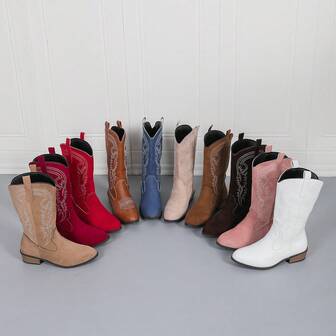 Women's Mid-Calf Western Boots, Solid Color, Bohemian, Commuting, Western Style Fabric Embroidery, Casual , Holiday, Wedding Party, Office, All Season, Comfortable Chunky Heel Mid-Calf Boots, Simple Commuting, Casual Party Ankle Boots