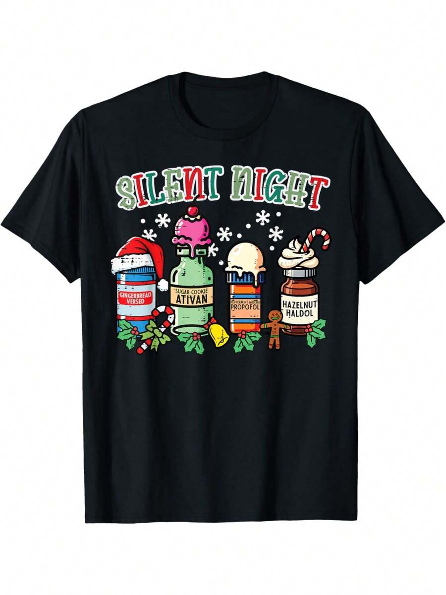 Christmas Nurse Silent Night Propofol Xmas Scrub Top Women T-Shirt - Black - View 1
