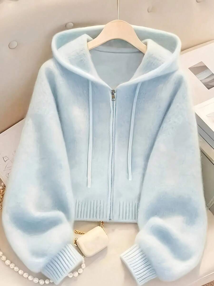Women's Soft Light Blue Zip-Up Hoodie - Casual Fashionable Long Sleeve Cardigan, Stretchy & Comfortable For Autumn/Winter, Ribbed Details Design, Button Closure, Breathable Fabric, Pullover, Essential For Fall - Baby Blue - View 1