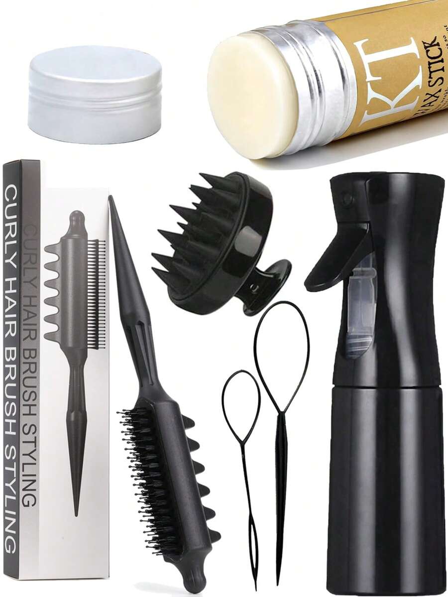 Hair Styling Set, Includes Curling Brush, Scalp Massager, Refillable Spray Bottle, And Halo Hair Styling Tool For Braiding, Hairline Shaping, And Lace Wig Installation