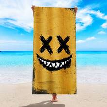 1pc Large Microfiber Quick-Dry Beach Towel - Yellow With Black Grinning Face Design, Lightweight & Soft Adults And Teens, Pool, Travel, Swim, Camping, Yoga & Picnic, Beach Towel - White - View 8