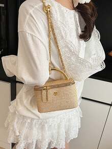 一件式新款简约休闲百搭编织草编包午餐盒小包链条单肩斜挎包节日季热销小包单肩斜挎包 - 卡其色 - 查看 8