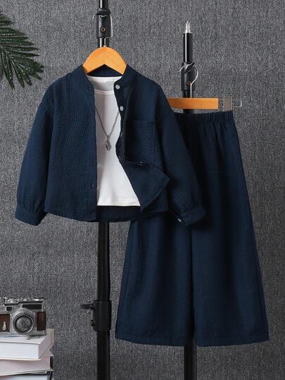 两件套大童时尚泡泡褶皱竖条纹立领长袖上衣和阔腿裤休闲套装，适合春、夏、秋季穿着，舒适百搭。