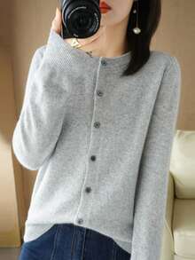 Cárdigan De Punto De Mujer, Cárdigan De Unicolor Con  Botón Delantero De Dama, Cárdigan De Punto Con Cuello  Redondo Para Mujer - Gris - Ver 2