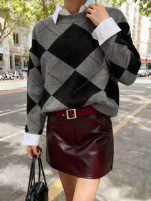 Áo khoác cardigan dệt kim hình thoi dáng rộng thoải mái, thời trang nữ Thu/Đông mới. - Xám - Xem 10