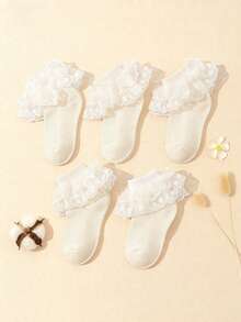 5 pares de calcetines de princesa de doble capa con ribete de encaje de unicolor para niños y niños pequeños - Beis - Ver 2