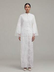 娘惹服饰套装，蕾丝刺绣半身裙套装，女士两件套，时尚白色半身裙套装 - 白色 - 查看 3