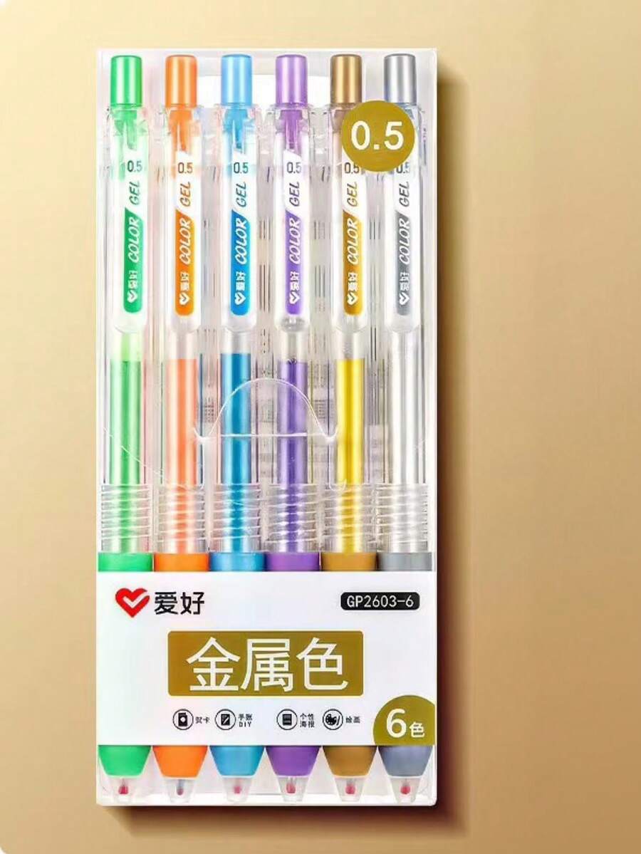 Bộ 6/8 bút trung tính Retro 8 màu, 6 màu The Color Of Morandi, bút ký, sổ tay viết vẽ văn phòng trường học, thích hợp cho văn phòng, họp hành, ghi chép học tập, thư pháp, đánh dấu nổi bật và trường học, đồ dùng học tập trở lại trường học - Màu kim loại - 6 màu - Xem 1