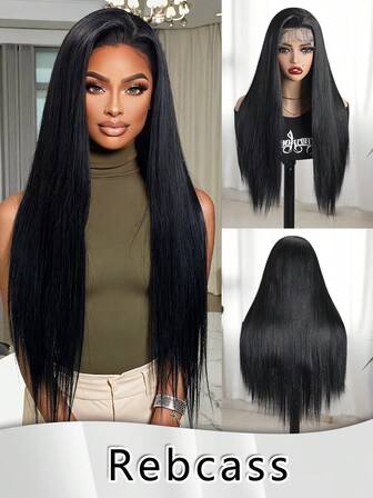 ไฟเบอร์สังเคราะห์นำเข้าจากญี่ปุ่น 30 นิ้ว ผมตรงยาวพิเศษ นุ่ม ผมตรงสีดำวิกผมสังเคราะห์ 13X4 วิกผมด้านหน้าลูกไม้สำหรับผู้หญิง แสกกลางพร้อมผมเด็ก วิกผมแบบไม่ใช้กาว ของขวัญสำหรับผู้หญิง ของตกแต่งคริสต์มาส ของขวัญคริสต์มาส