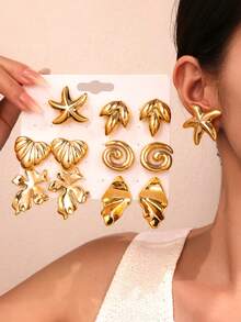 2-12pcs Fashionable Bohemian Style Earrings, Starfish, Leaf, Heart, Flower And Asymmetric Geometric Patterns, Versatile For Women Daily Wear, Suitable For Party, Date, Beach Vacation And Travel - Gold - View 3