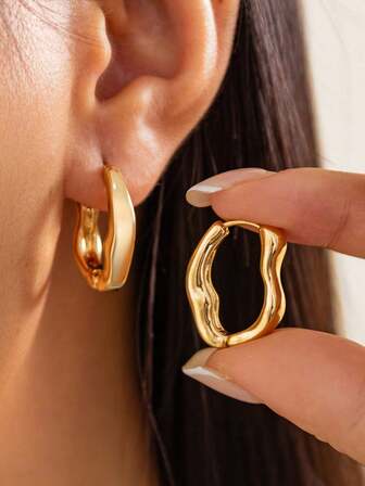 1 Pair Minimalist Polished Metal Asymmetrical Geometric Hoop Earrings, Classic Fashion Earrings