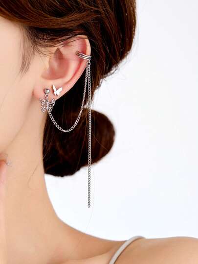 2件套蝴蝶链耳夹耳环套装，银色简约设计耳链，甜美酷炫风格个性化配饰