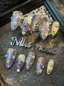 10pcs Almond Shaped Set Nails,Light Purple Cat Eyes&Apricot Tie Dye Style Nails,3D Three-Dimensional Steel Beads&Pearls Nails Accessories Decorations,Hand Painted Metal Geometric Pattern& Star Nails Design,Patterns In Y2K Style Nails Wearable Nail Art Set,Suitable For Women To Wear Daily Parties (Includes:A Piece Of Jelly Glue And A Friction Strip)Nail Supplies Nails - Mauve Purple - View 2